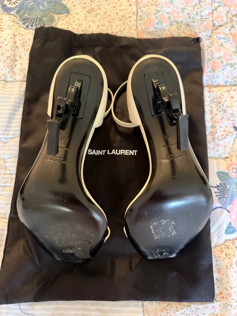 Saint Laurent Cream Patent Leather YSL-Heel Sandals
